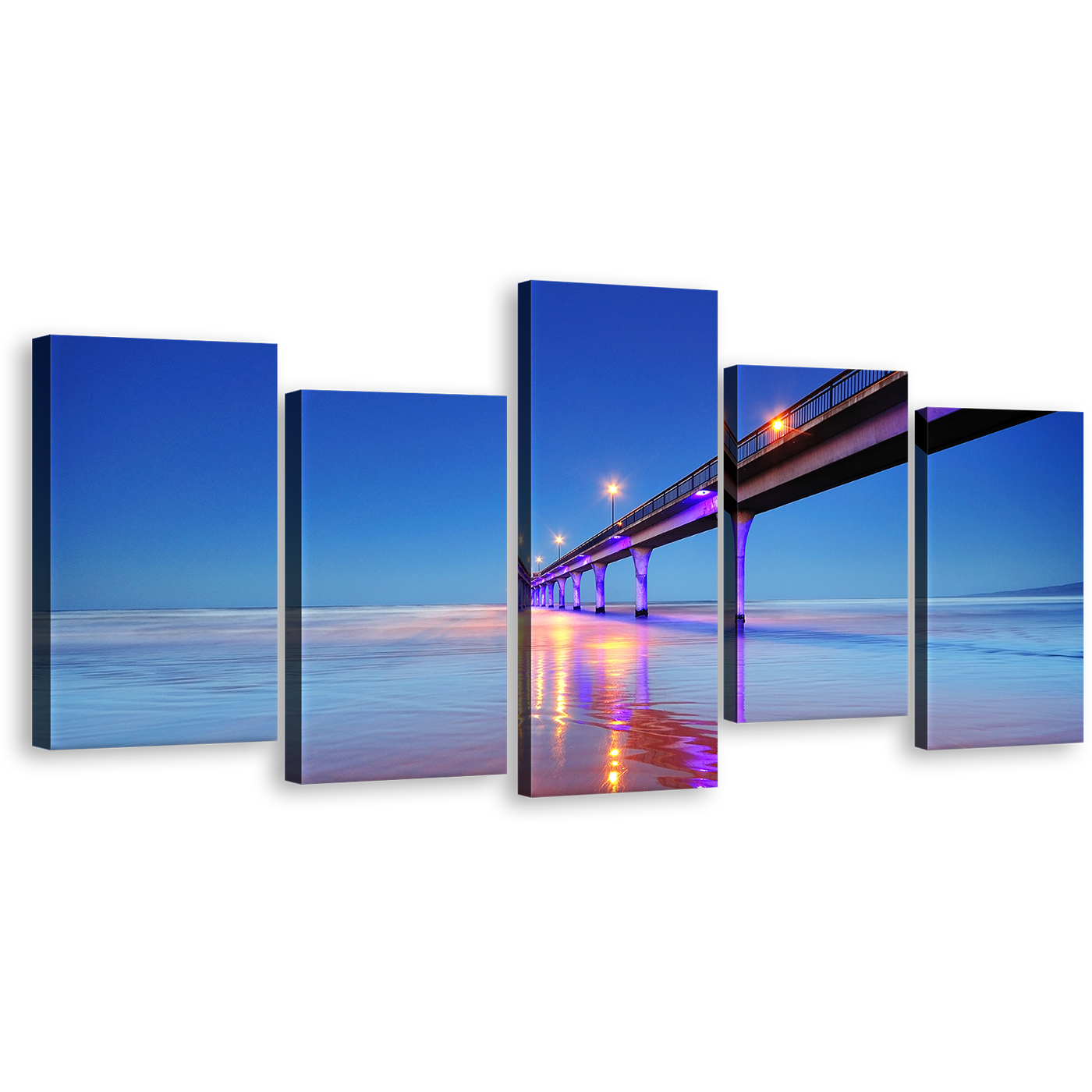 Christchurch Seascape Canvas Wall Art, Blue Sky New Brighton Pier Canvas Set, Purple Pier Lights Reflection Sea 5 Piece Canvas Print