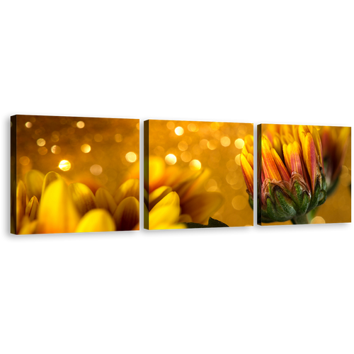 Chrysanthemum Flowers Canvas Wall Art, Golden Abstract Beautiful Floral 3 Piece Canvas Set, Yellow Flower Canvas Print