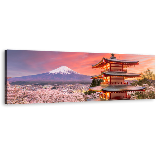 Chureito Pagoda Canvas Print, White Blue Mount Fuji Mountain 1 Piece Canvas Wall Art, Japan Cherry Blossom Wide Canvas