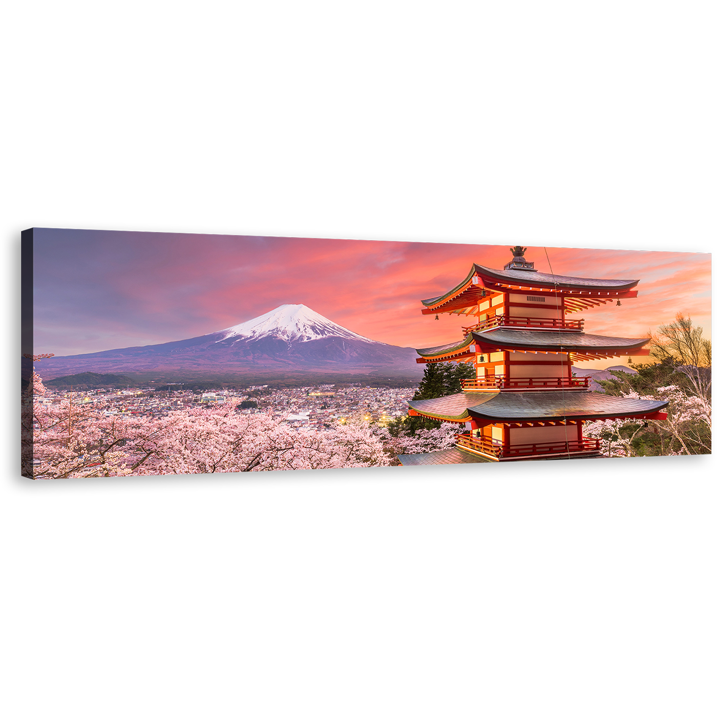 Chureito Pagoda Canvas Print, White Blue Mount Fuji Mountain 1 Piece Canvas Wall Art, Japan Cherry Blossom Wide Canvas