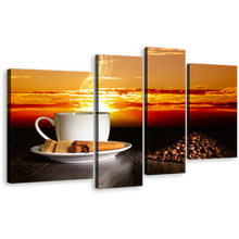 Load image into Gallery viewer, Cinnamon Sticks Canvas Print, White Cup Of Hot Coffee Canvas Set, Brown Coffee Beans 4 Piece Canvas Wall Art, Yellow Red Cloudy Sunset Sky Multi Canvas
