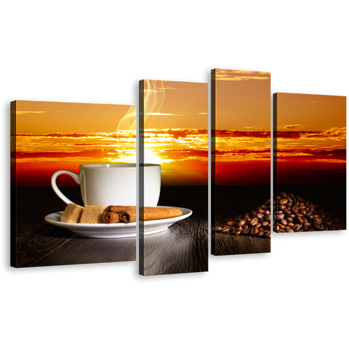 Cinnamon Sticks Canvas Print, White Cup Of Hot Coffee Canvas Set, Brown Coffee Beans 4 Piece Canvas Wall Art, Yellow Red Cloudy Sunset Sky Multi Canvas