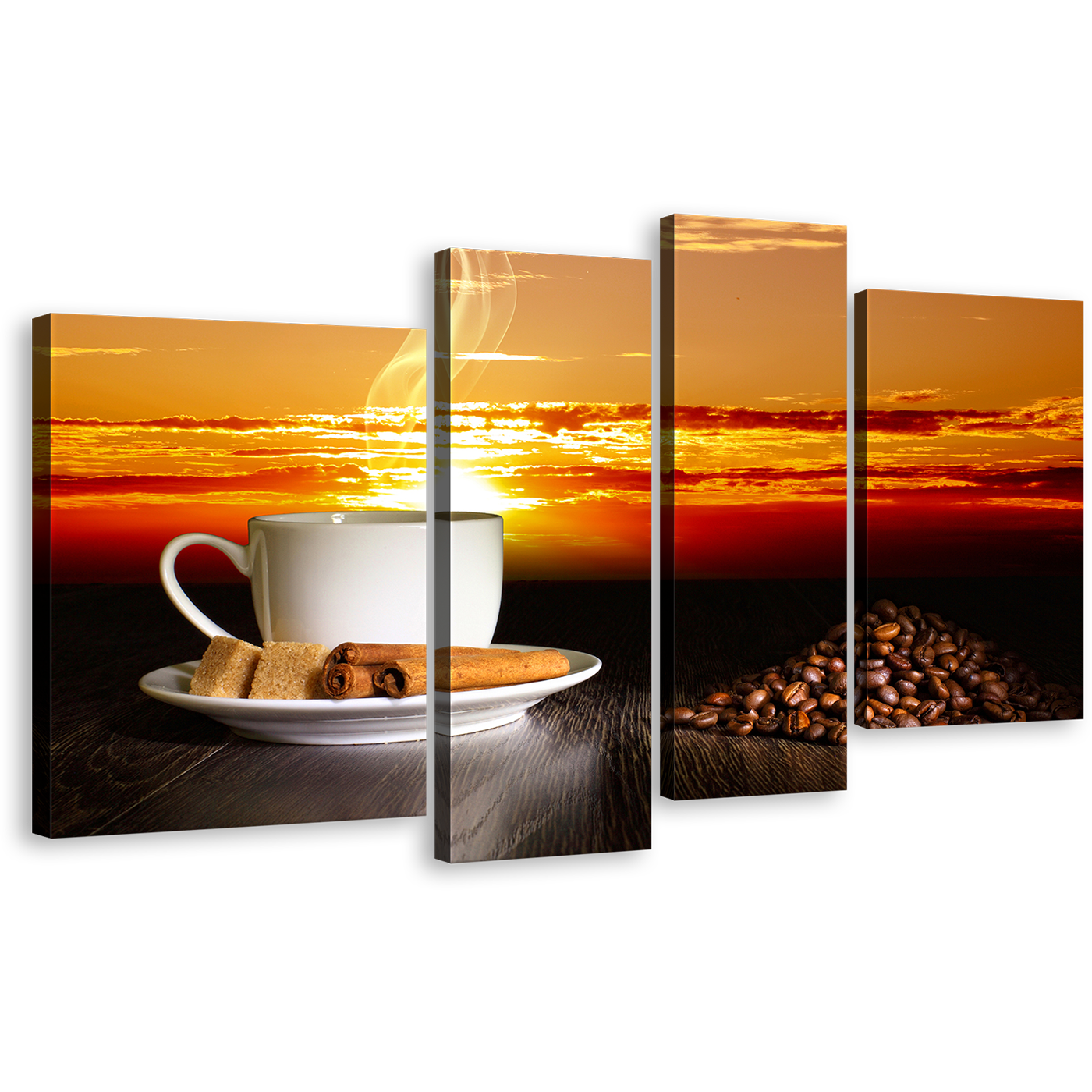 Cinnamon Sticks Canvas Print, White Cup Of Hot Coffee Canvas Set, Brown Coffee Beans 4 Piece Canvas Wall Art, Yellow Red Cloudy Sunset Sky Multi Canvas