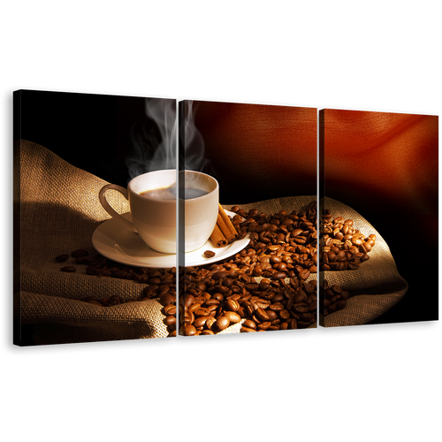 Cinnamon Sticks Canvas Print, White Cup Of Hot Coffee Canvas Set, Brown Coffee Beans Triptych Wall Art