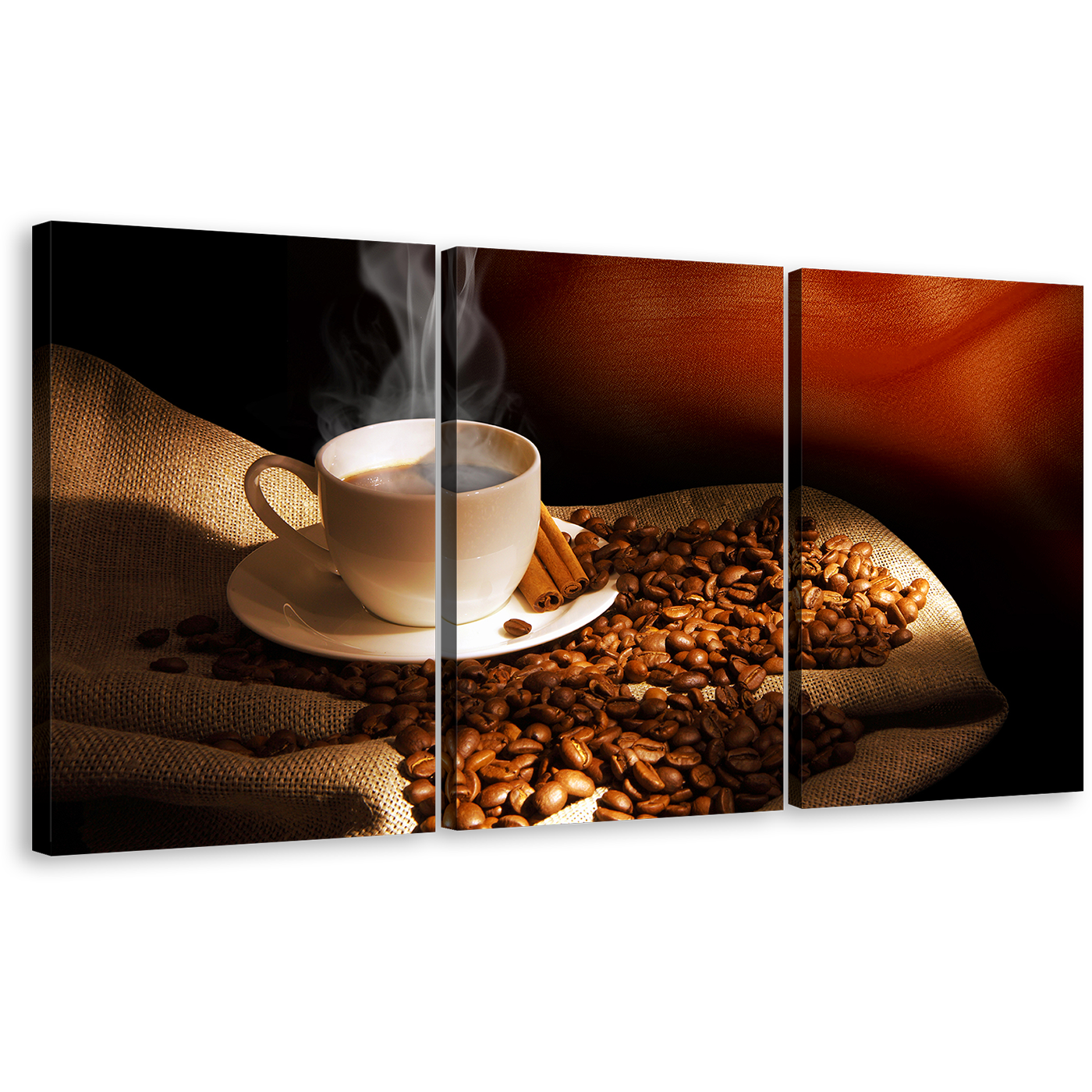 Cinnamon Sticks Canvas Print, White Cup Of Hot Coffee Canvas Set, Brown Coffee Beans Triptych Wall Art