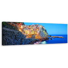 Load image into Gallery viewer, Cinque Terre Wall Art, Blue Manarola Sea Panorama Canvas Art, Italy Yellow Mountain National Park Cliff Ocean Canvas Print
