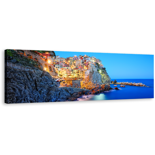 Cinque Terre Wall Art, Blue Manarola Sea Panorama Canvas Art, Italy Yellow Mountain National Park Cliff Ocean Canvas Print