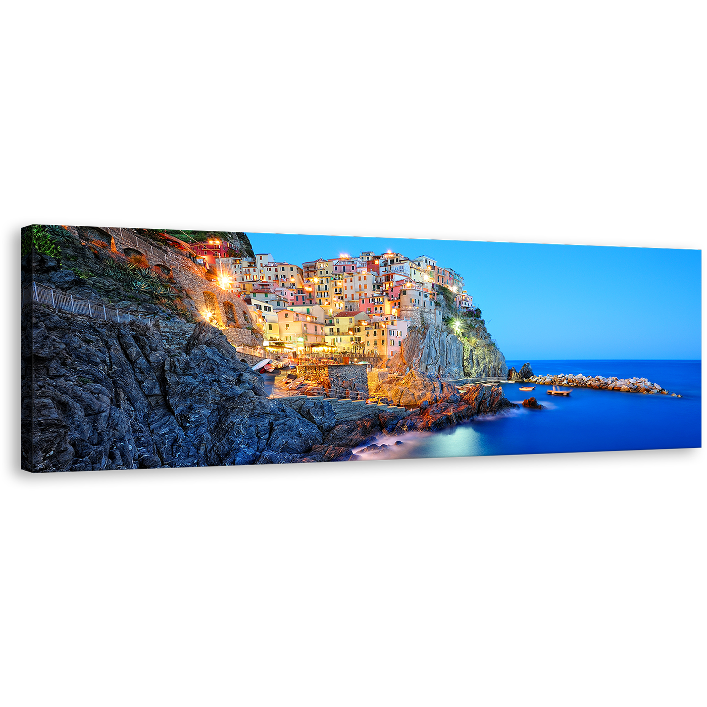 Cinque Terre Wall Art, Blue Manarola Sea Panorama Canvas Art, Italy Yellow Mountain National Park Cliff Ocean Canvas Print