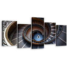 Load image into Gallery viewer, Circular Stairs Canvas Wall Art, Brown Vatican Museum Multi Canvas, Grey Geometry Spiral Staircase Pattern 5 Piece Canvas Print
