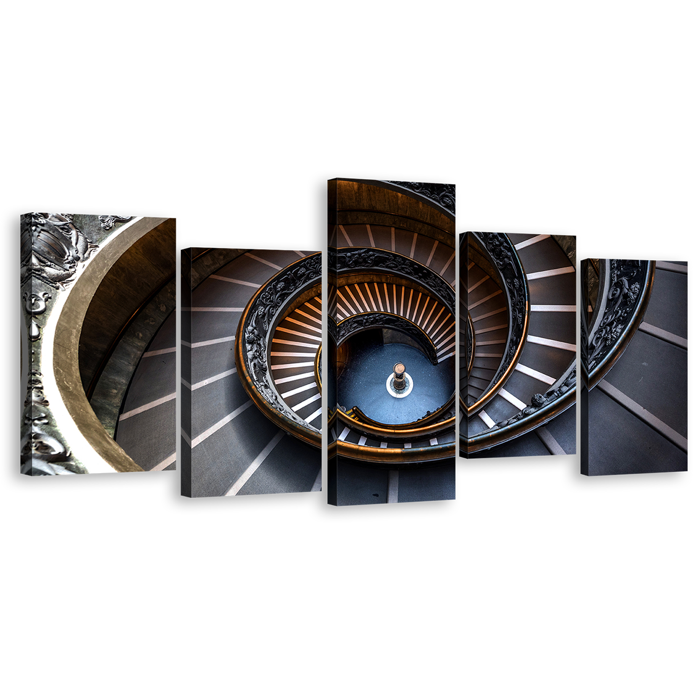 Circular Stairs Canvas Wall Art, Brown Vatican Museum Multi Canvas, Grey Geometry Spiral Staircase Pattern 5 Piece Canvas Print