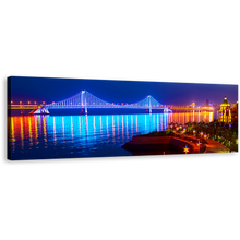 Load image into Gallery viewer, City Beach Canvas Wall Art, Blue Orange Luminous Bay Bridge Reflection and Night Lights Panoramic Canvas Print
