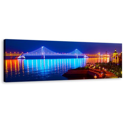 City Beach Canvas Wall Art, Blue Orange Luminous Bay Bridge Reflection and Night Lights Panoramic Canvas Print