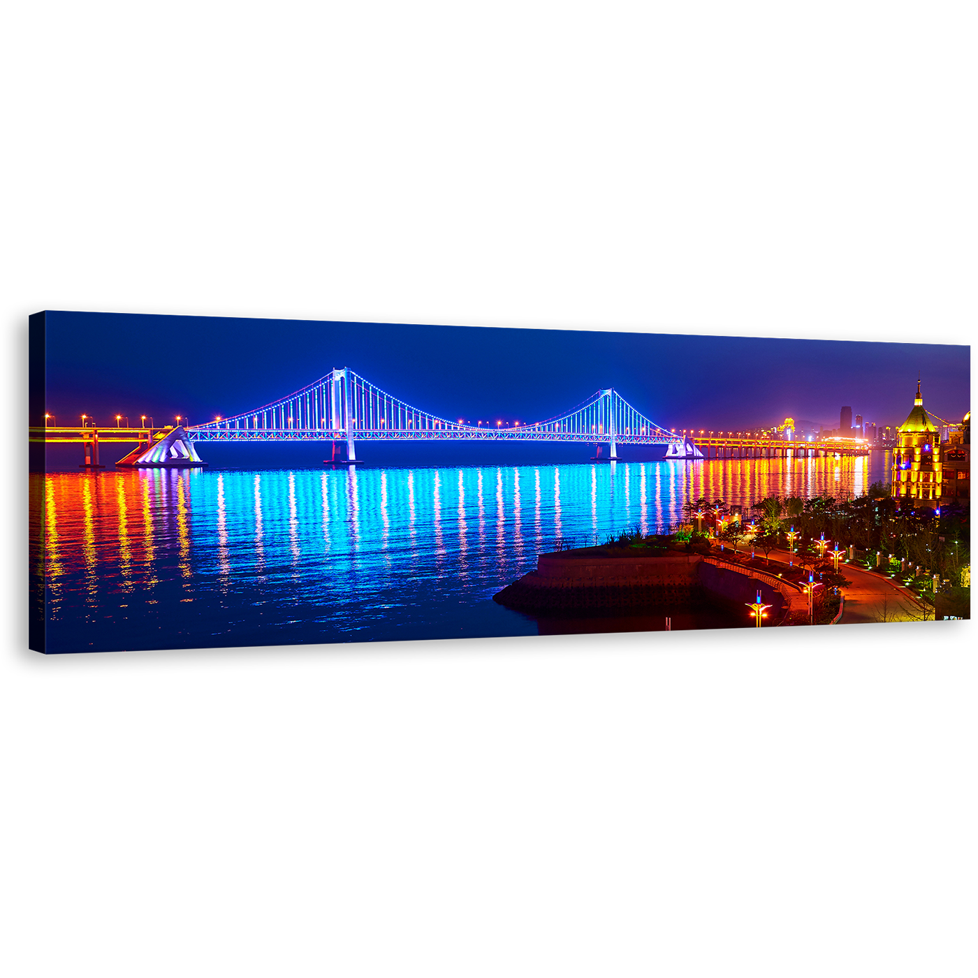 City Beach Canvas Wall Art, Blue Orange Luminous Bay Bridge Reflection and Night Lights Panoramic Canvas Print