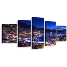 Load image into Gallery viewer, City Beach Canvas Wall Art, Blue Sky Monaco City Mountains 5 Piece Multi Canvas, Yellow City Lights Harbors Canals Canvas Print
