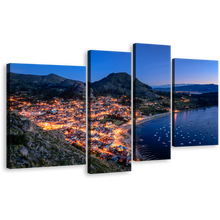 Load image into Gallery viewer, City Beach Canvas Wall Art, Copacabana Evening Green Mountain City Canvas Print, Blue Lake Titicaca 4 Piece Multiple Canvas
