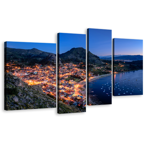 City Beach Canvas Wall Art, Copacabana Evening Green Mountain City Canvas Print, Blue Lake Titicaca 4 Piece Multiple Canvas