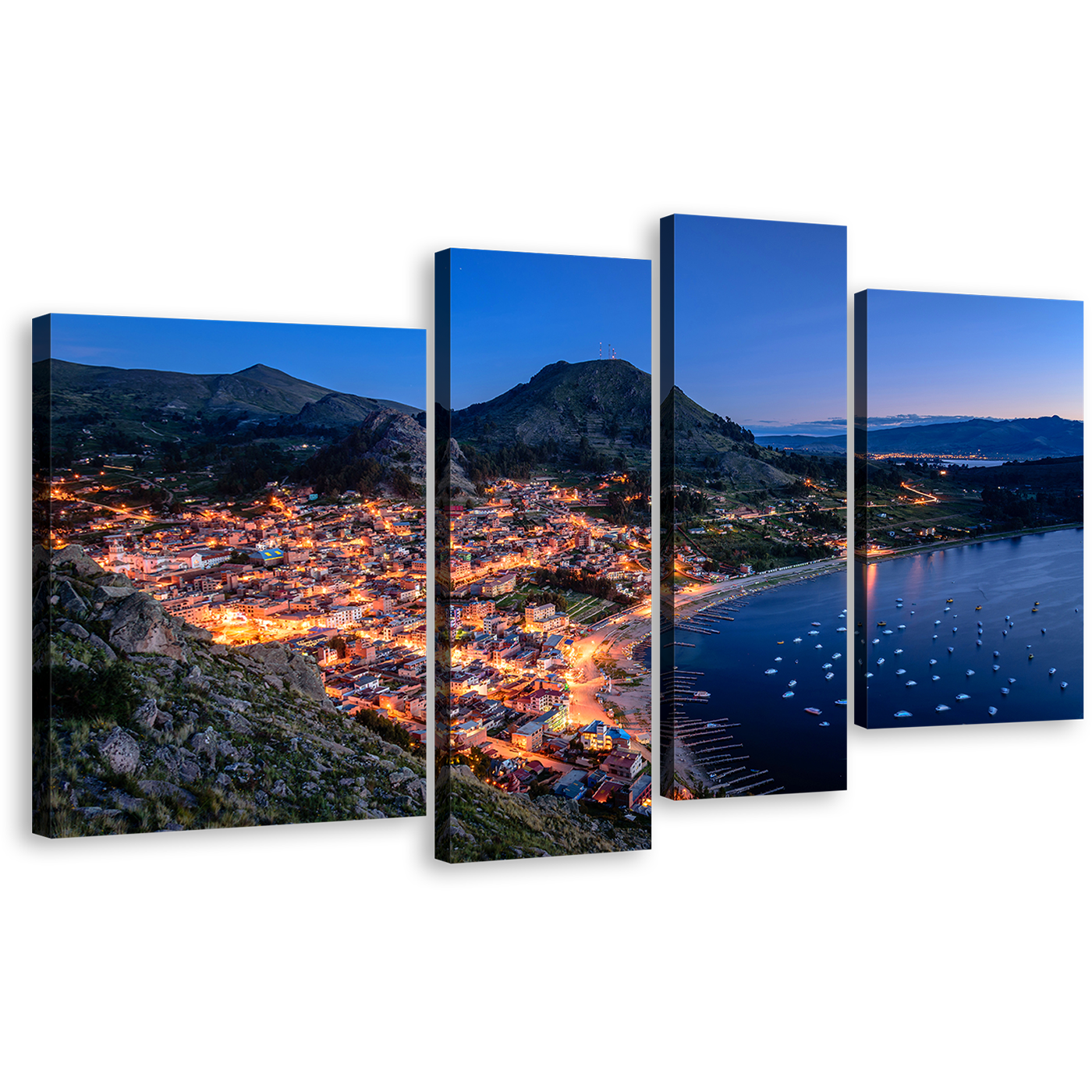 City Beach Canvas Wall Art, Copacabana Evening Green Mountain City Canvas Print, Blue Lake Titicaca 4 Piece Multiple Canvas