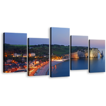 Load image into Gallery viewer, City Beach Canvas Wall Art, Green France Etretat Village Cliff 5 Piece Canvas Print, Blue Normandy Ocean Multi Canvas Artwork
