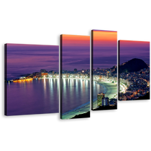 Load image into Gallery viewer, City Beach Canvas Wall Art, Purple Rio de Janeiro Ocean 4 Piece Canvas Set, Orange Sky Copacabana Beach Canvas Print
