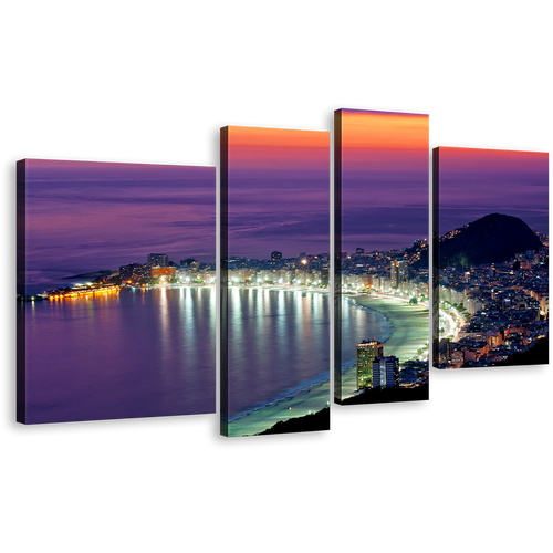 City Beach Canvas Wall Art, Purple Rio de Janeiro Ocean 4 Piece Canvas Set, Orange Sky Copacabana Beach Canvas Print