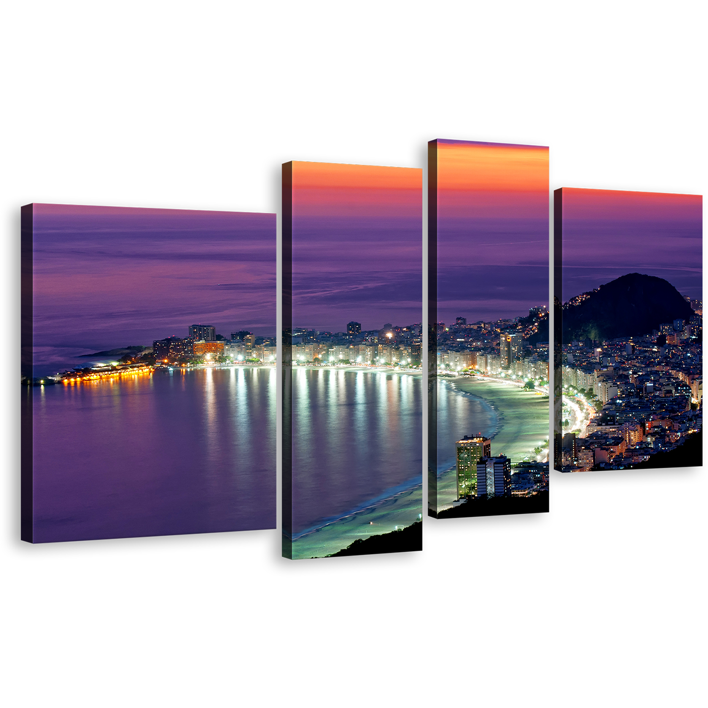 City Beach Canvas Wall Art, Purple Rio de Janeiro Ocean 4 Piece Canvas Set, Orange Sky Copacabana Beach Canvas Print