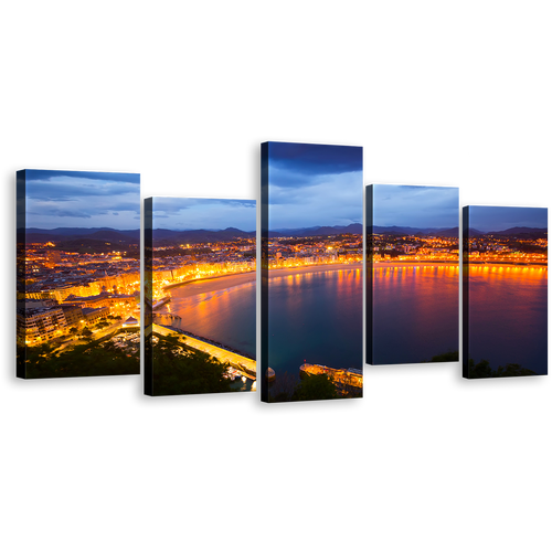 City Beach Canvas Wall Art, Spain La Concha Bay Blue Sky 5 Piece Canvas Print, Yellow Night San Sebastian City Canvas Art