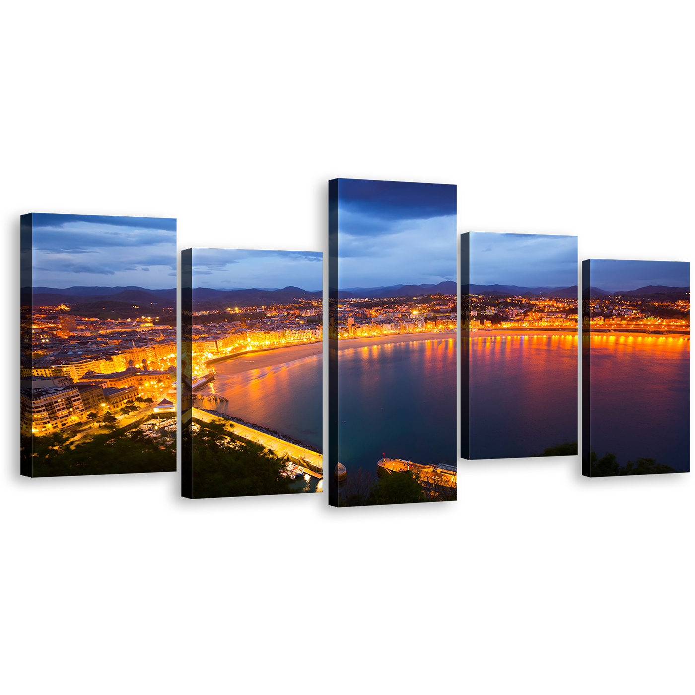 City Beach Canvas Wall Art, Spain La Concha Bay Blue Sky 5 Piece Canvas Print, Yellow Night San Sebastian City Canvas Art