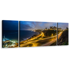 Load image into Gallery viewer, City Beach Canvas Wall Art, Yellow Peru Night Skyline 3 Piece Canvas, Beautiful Blue Lima Cityscape Lights Triptych Canvas Print
