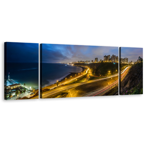 City Beach Canvas Wall Art, Yellow Peru Night Skyline 3 Piece Canvas, Beautiful Blue Lima Cityscape Lights Triptych Canvas Print