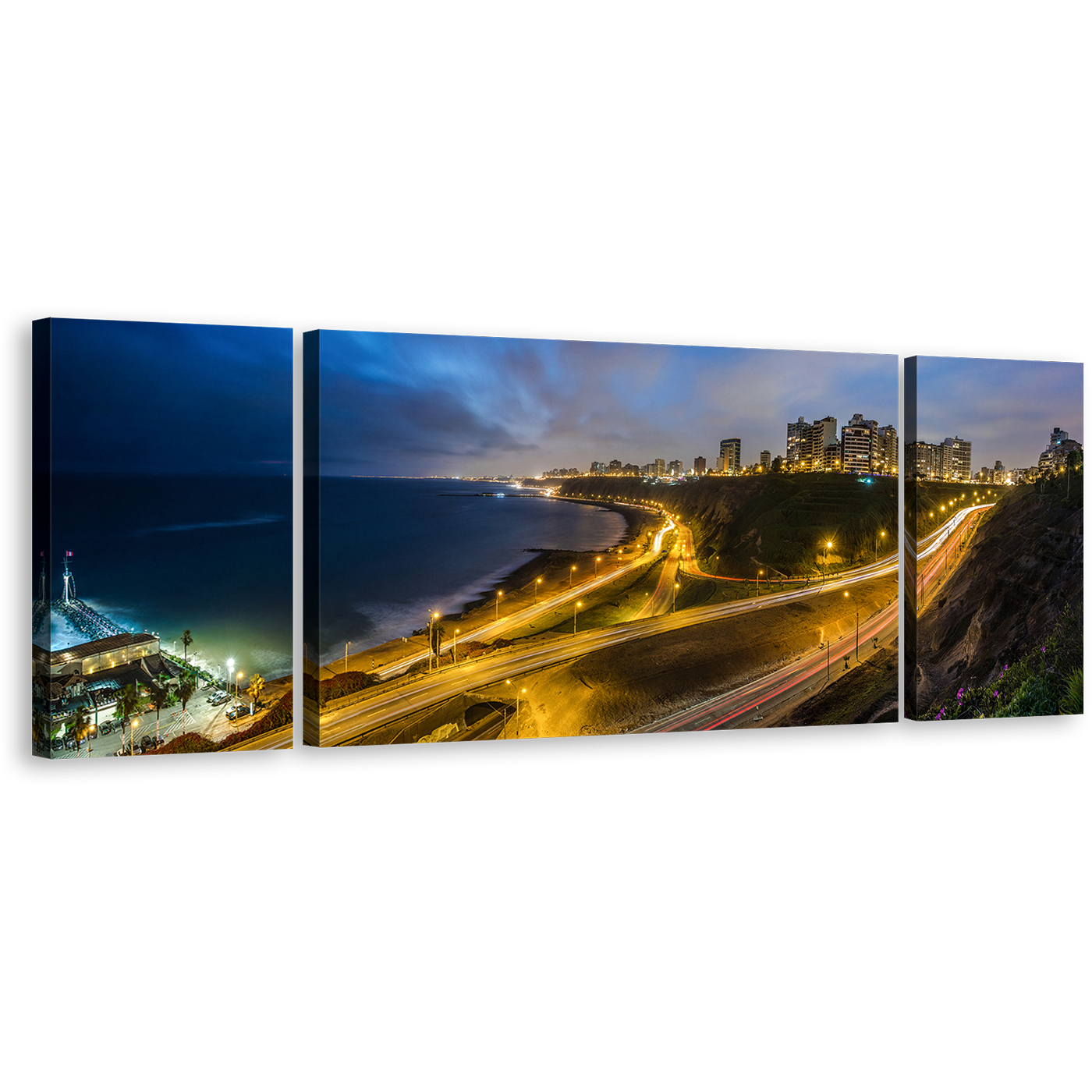 City Beach Canvas Wall Art, Yellow Peru Night Skyline 3 Piece Canvas, Beautiful Blue Lima Cityscape Lights Triptych Canvas Print