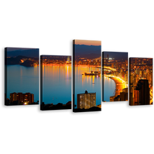 Load image into Gallery viewer, City Beach Wall Art, Blue Benidorm Nightscape Panoramic Multi Canvas, Yellow Radiant Coastline and Cityscape 5 Piece Canvas Print
