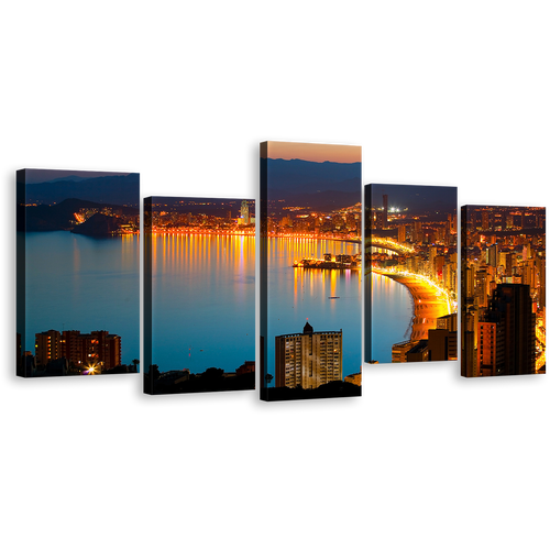 City Beach Wall Art, Blue Benidorm Nightscape Panoramic Multi Canvas, Yellow Radiant Coastline and Cityscape 5 Piece Canvas Print