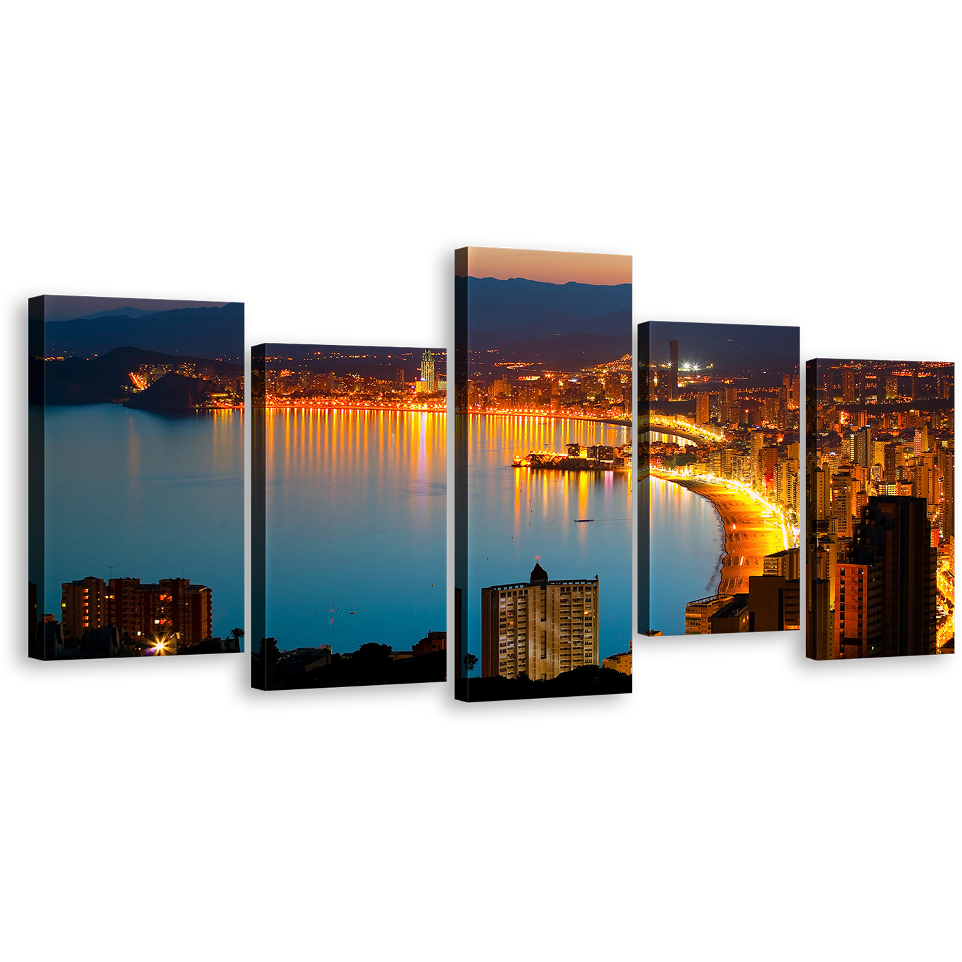 City Beach Wall Art, Blue Benidorm Nightscape Panoramic Multi Canvas, Yellow Radiant Coastline and Cityscape 5 Piece Canvas Print