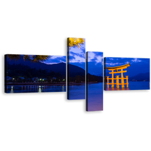 Load image into Gallery viewer, City Beach Wall Art, Dusk&#39;s Harmony Yellow Itsukushima Shrine Multiple Canvas, Blue Ocean Mountain 4 Piece Canvas Print
