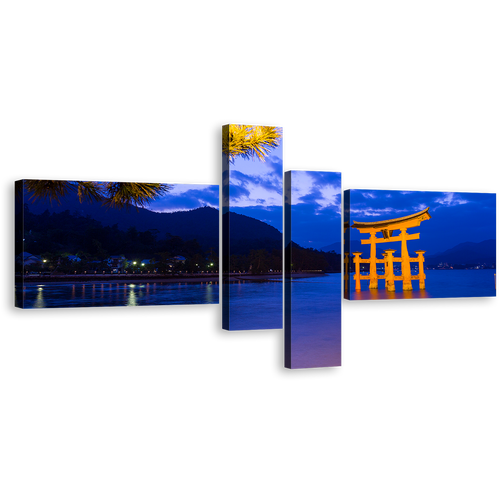 City Beach Wall Art, Dusk's Harmony Yellow Itsukushima Shrine Multiple Canvas, Blue Ocean Mountain 4 Piece Canvas Print