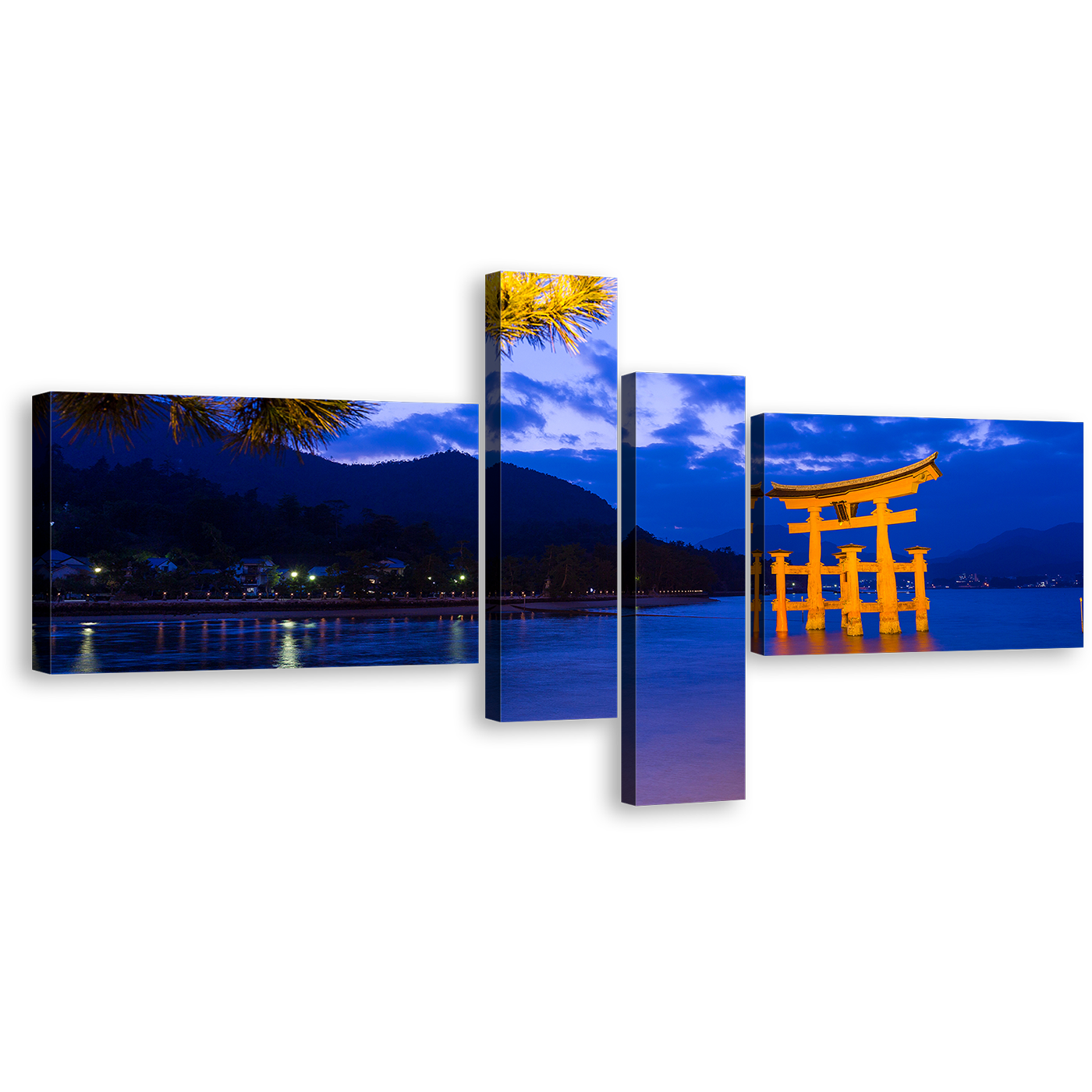 City Beach Wall Art, Dusk's Harmony Yellow Itsukushima Shrine Multiple Canvas, Blue Ocean Mountain 4 Piece Canvas Print