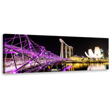 Load image into Gallery viewer, City Bridge Canvas Art, Marina Bay Purple Helix Bridge at Night 1 Piece Canvas Print, Singapore Yellow Resort Reflection Wall Art
