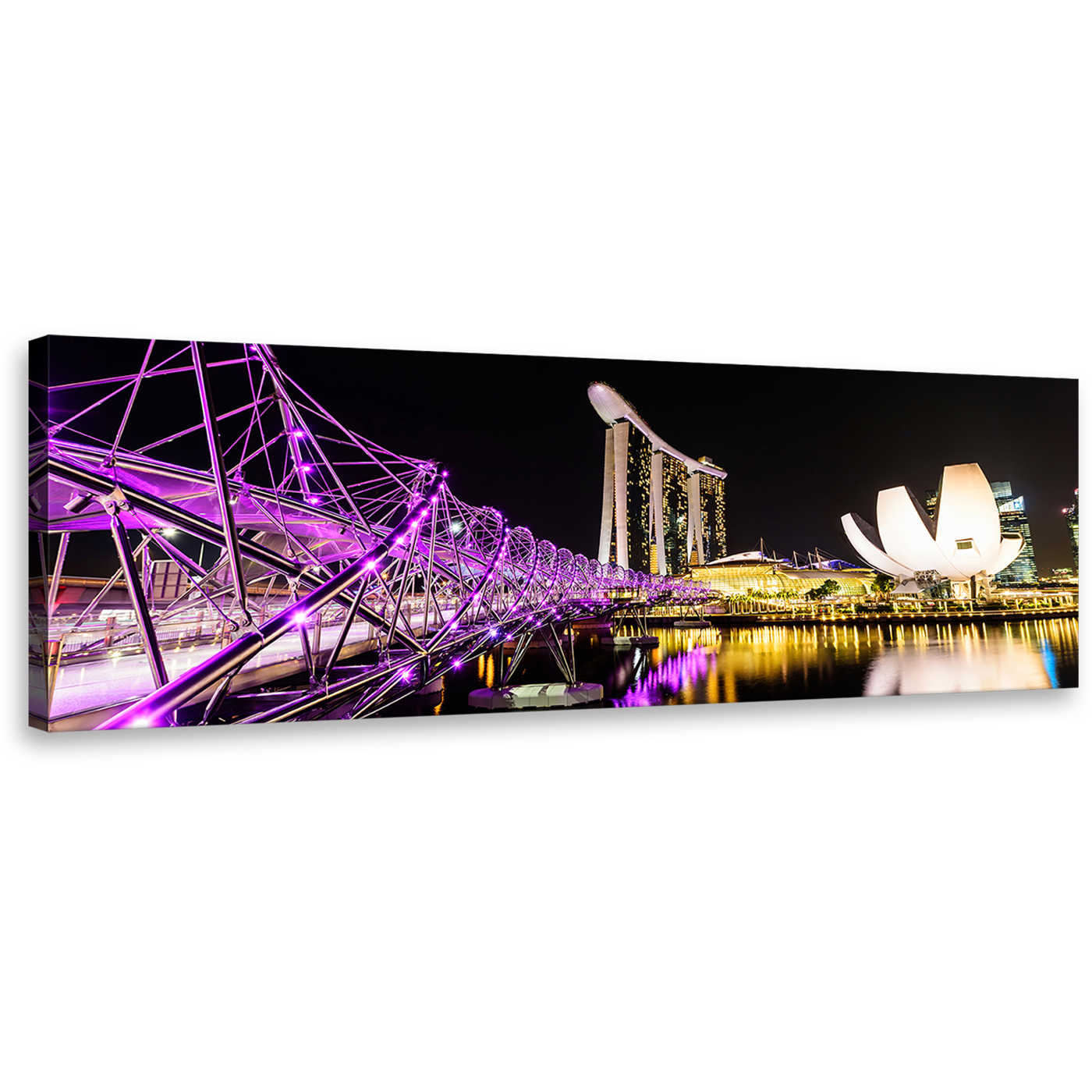 City Bridge Canvas Art, Marina Bay Purple Helix Bridge at Night 1 Piece Canvas Print, Singapore Yellow Resort Reflection Wall Art