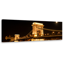 Load image into Gallery viewer, City Bridge Canvas Print, Black Budapest Hungary Danube River Canvas Art, Gold Széchenyi Chain Bridge Panoramic Wall Art
