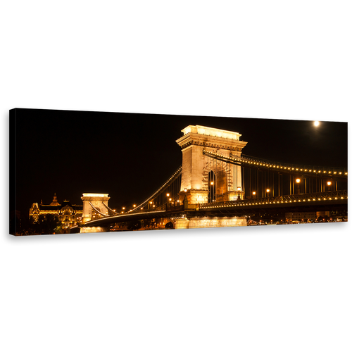 City Bridge Canvas Print, Black Budapest Hungary Danube River Canvas Art, Gold Széchenyi Chain Bridge Panoramic Wall Art