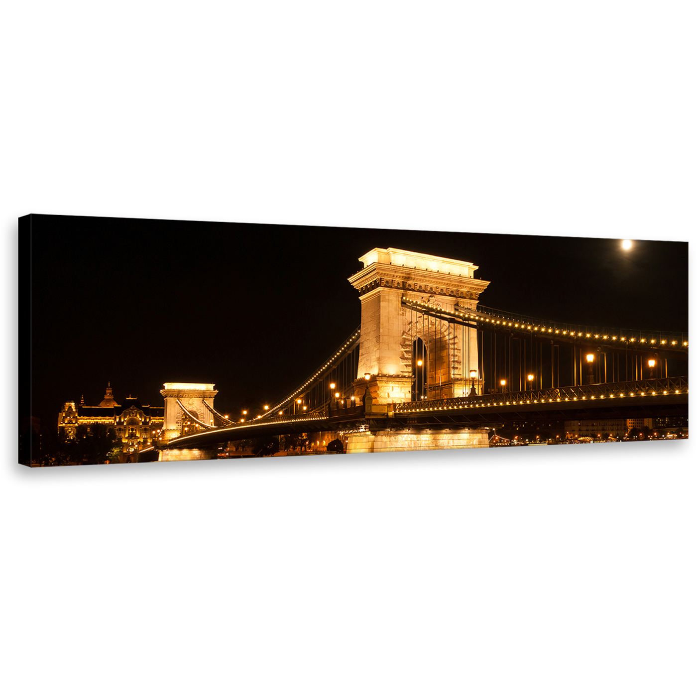 City Bridge Canvas Print, Black Budapest Hungary Danube River Canvas Art, Gold Széchenyi Chain Bridge Panoramic Wall Art