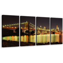 Load image into Gallery viewer, City Bridge Canvas Print, Brooklyn Bridge Illuminated At Night 4 Piece Canvas Wall Art, Yellow New York Skyline Canvas Set, Grey NYC Sky Multi Canvas
