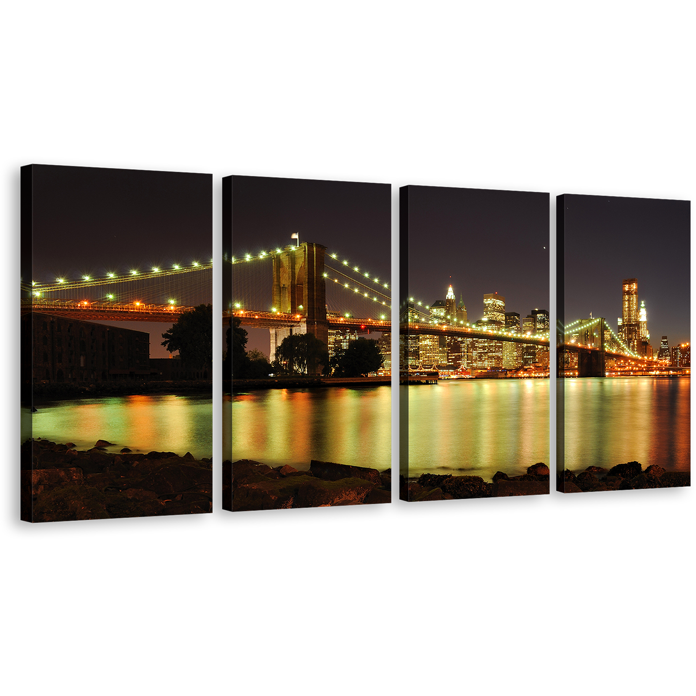 City Bridge Canvas Print, Brooklyn Bridge Illuminated At Night 4 Piece Canvas Wall Art, Yellow New York Skyline Canvas Set, Grey NYC Sky Multi Canvas