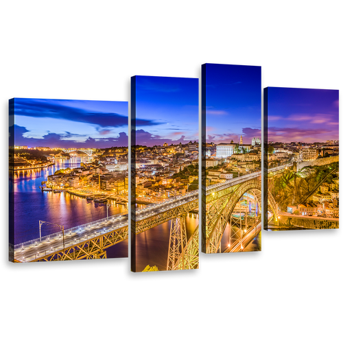 City Bridge Canvas Print, Portugal Yellow Dom Luis Canvas Multi-panel Art, Blue Sky Douro River 4 Piece Wall Art