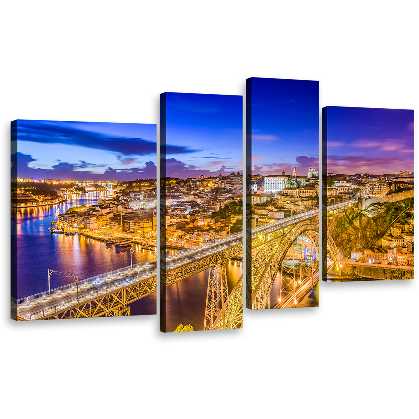 City Bridge Canvas Print, Portugal Yellow Dom Luis Canvas Multi-panel Art, Blue Sky Douro River 4 Piece Wall Art