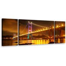 Load image into Gallery viewer, City Bridge Canvas Print, Purple Green Tsing Ma Bridge&#39;s Nighttime Majesty Wall Art, Hong Kong Yellow City Light Triptych Multi Canvas
