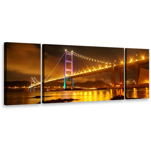 City Bridge Canvas Print, Purple Green Tsing Ma Bridge's Nighttime Majesty Wall Art, Hong Kong Yellow City Light Triptych Multi Canvas