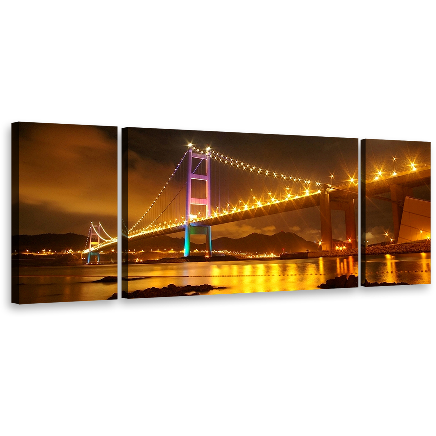 City Bridge Canvas Print, Purple Green Tsing Ma Bridge's Nighttime Majesty Wall Art, Hong Kong Yellow City Light Triptych Multi Canvas