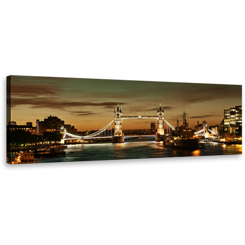 City Bridge Canvas Print, Yellow Tower Bridge Panoramic Canvas Wall Art, James River London Canvas Artwork, Brown Cityscape Wide Canvas