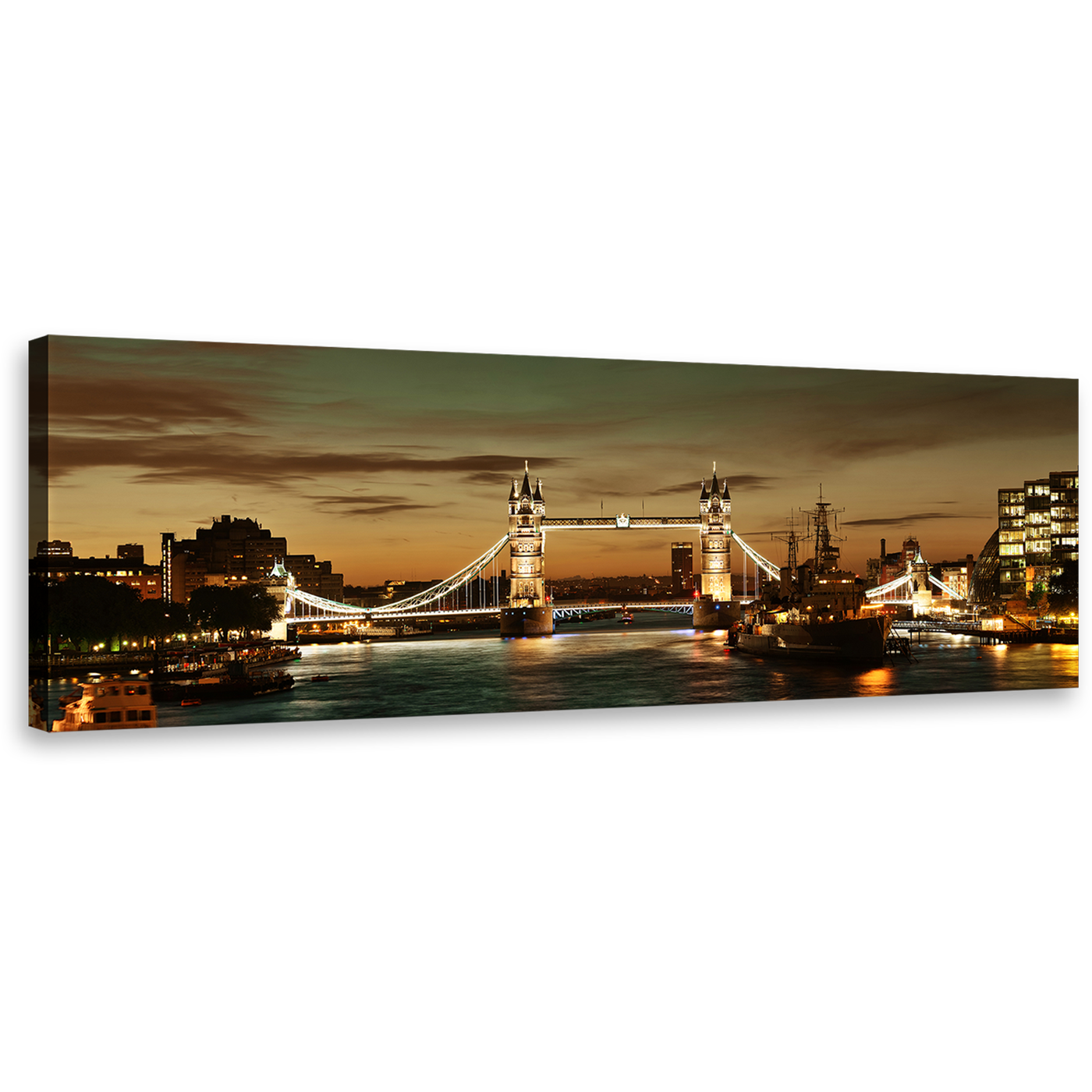 City Bridge Canvas Print, Yellow Tower Bridge Panoramic Canvas Wall Art, James River London Canvas Artwork, Brown Cityscape Wide Canvas